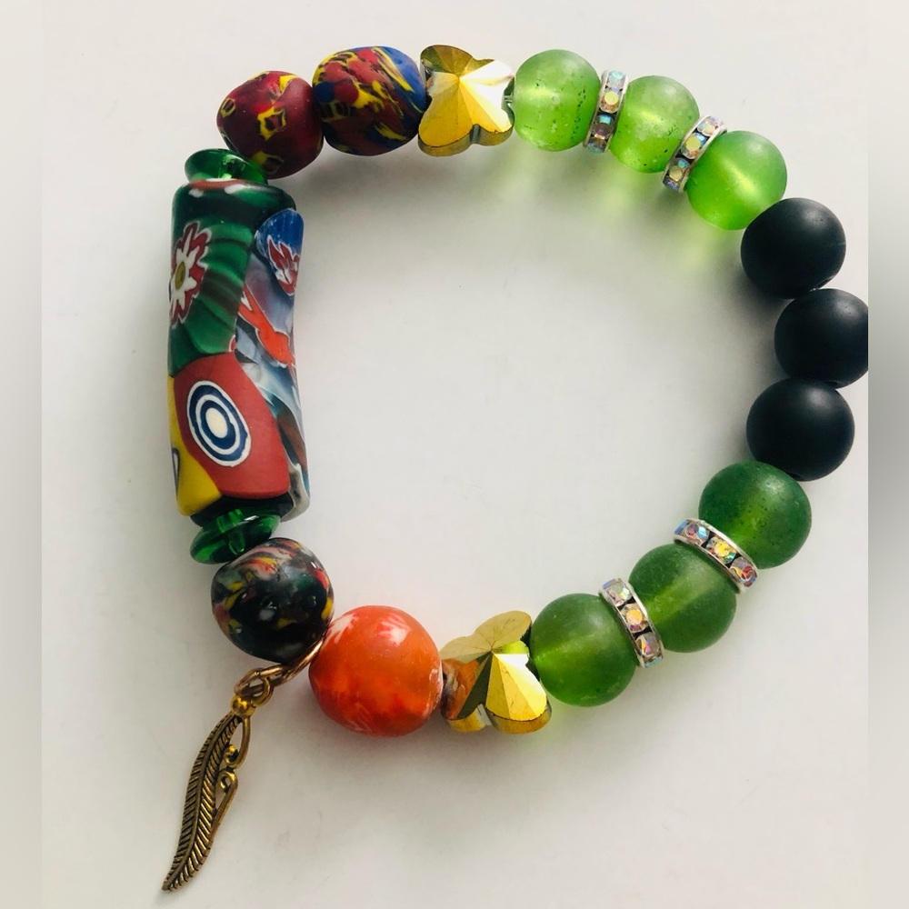 Colorful African Beaded Bracelet with Leaf Charm